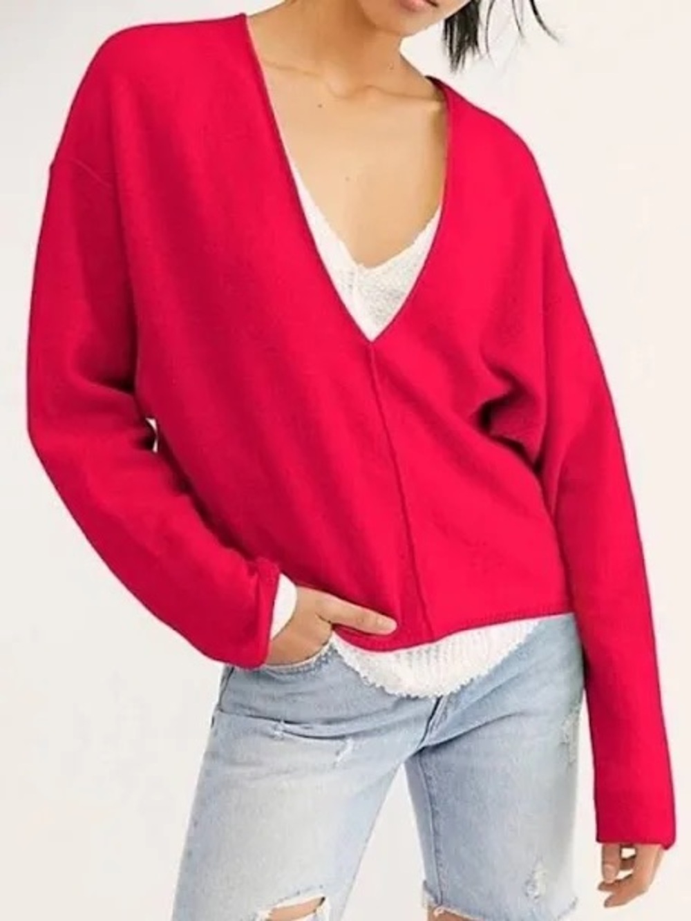 Free People Solitaire cashmere V-neck sweater hot pink knit women’s XS oversized